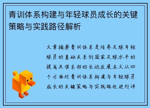 青训体系构建与年轻球员成长的关键策略与实践路径解析